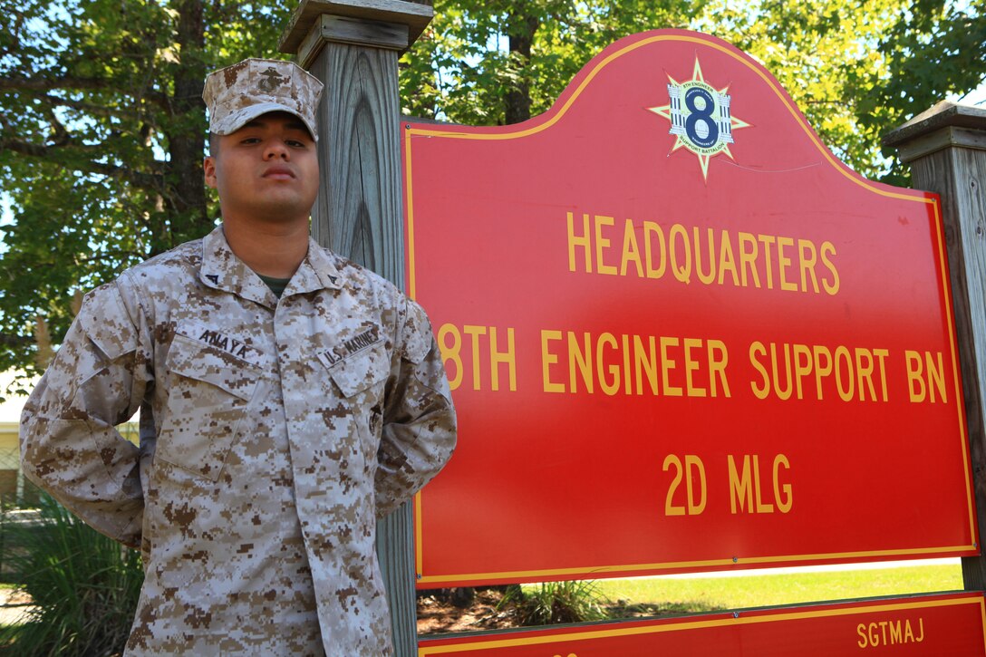 Lance Cpl. Angel Anaya, a Brooklyn, N.Y., native and embarkation specialist with 8th Engineer Support Battalion, 2nd Marine Logistics Group, poses for a picture after joining two other New York City Marines aboard Camp Lejeune, N.C., Sept. 10, 2012, to share his experiences before the eleventh anniversary of the Sept. 11 attacks. Anaya was 8 years old when the attacks occurred. He now has a daughter and a wife that live in New York City, but he said the memory of the attacks still cause him to worry about their safety. 