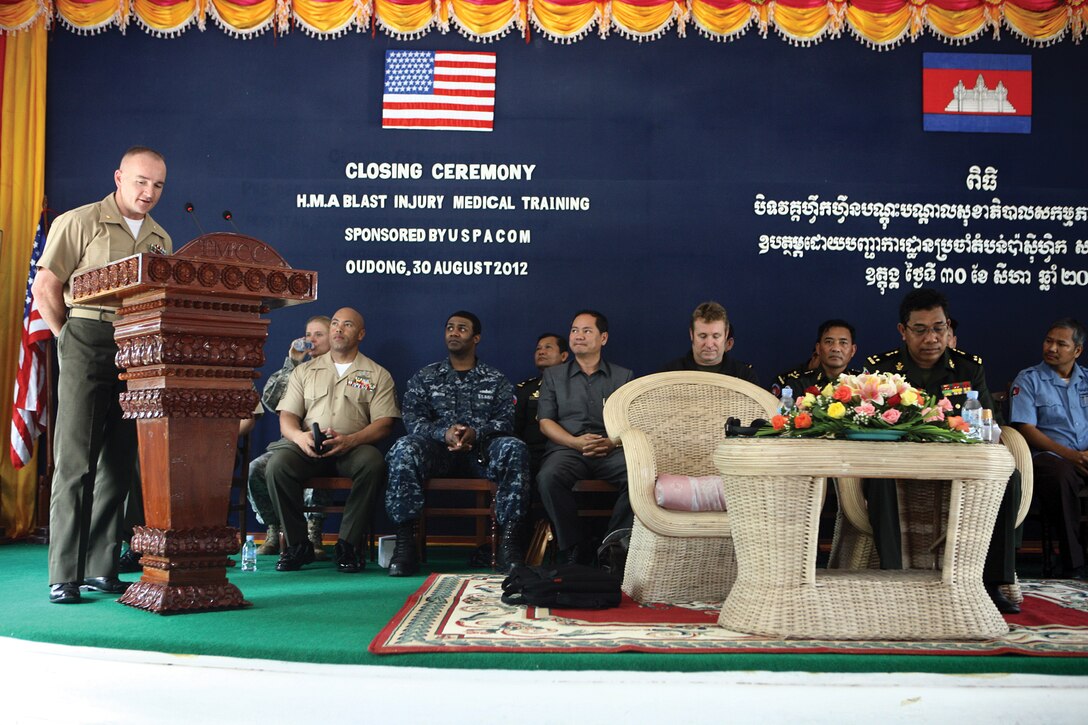 Marine Maj. William H. Nash addresses students and instructors at the graduation ceremony for the humanitarian mine action program’s first medical training class at the Institute for Peacekeeping Forces, Mine and Explosive Remnants of War Clearance, Oudong, Kampong Speu province, Cambodia, Aug. 30. Nash coordinated the training with the Royal Cambodian Armed Forces, the Cambodian Mine Action Centre, the U.S. Embassy and U.S. Pacific Command. Nash is the humanitarian mine action program manager. 