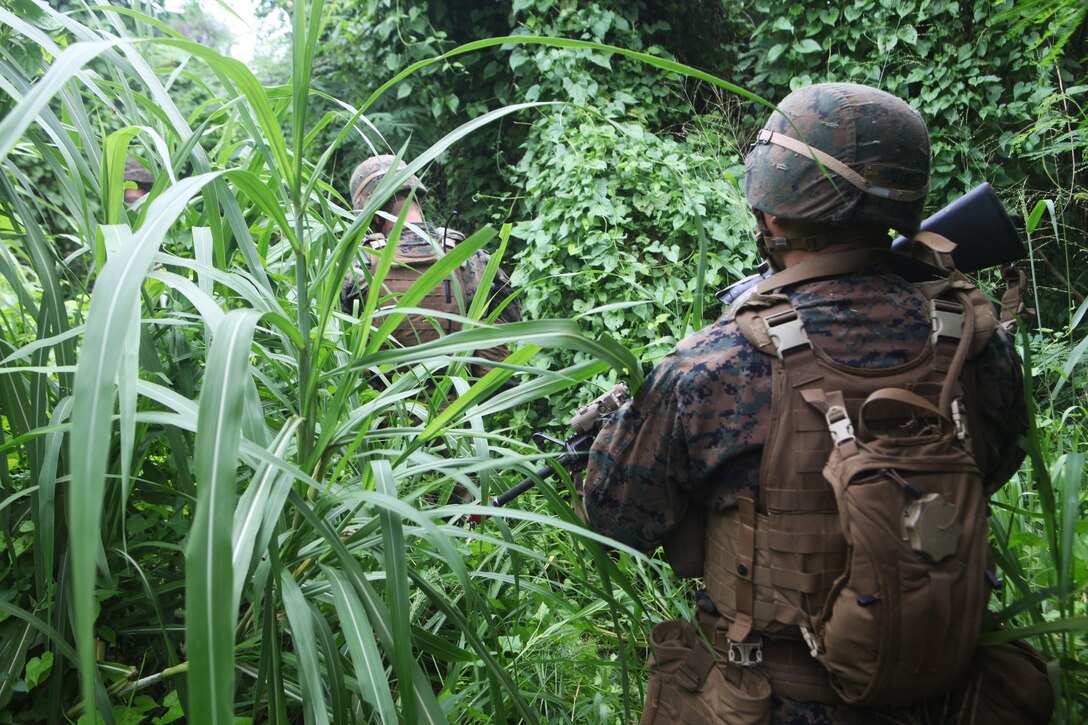 Marines and sailors of Company E., Battalion Landing Team 2nd Battalion, 1st Marine Regiment, 31st Marine Expeditionary Unit, patrol through the dense jungle in preparation for the assault and seizure of a notional enemy airfield here, Sept. 12 through 14. The three-day training evolution was the beginning of the 31st MEU's certification exercise, a series of notional operations throughout the Mariana Islands designed to reenforce the Marines' skills and tactics. The airfield seizure exercise was the largest U.S. operation on the island of Tinian since its use as a strategic airfield during World War II. The 31st MEU is the only continuously forward-deployed MEU and is the Marine Corps' force in readiness in the Asia-Pacific region.