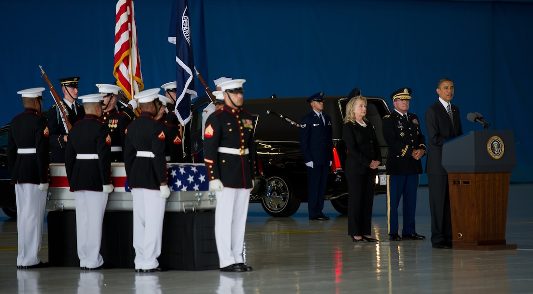 President Barack Obama speaks during the dignified transfer of remains for J. Christopher Stevens, U.S. ambassador to Libya, and three other Americans, Sept. 14, 2012, at Joint Base Andrews, Md. The U.S. State Department held a ceremony on base to honor the Americans who gave their lives in service to their country. (U.S. Air Force photo/Senior Airman Perry Aston)
