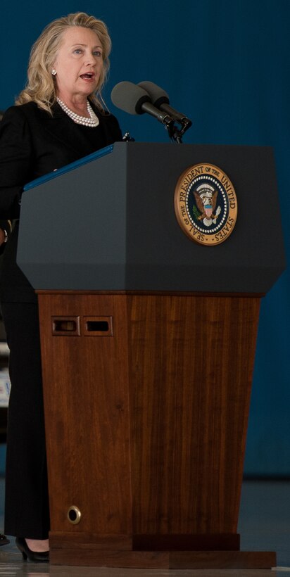 Secretary of State Hillary Clinton speaks during the dignified transfer of remains for J. Christopher Stevens, U.S. ambassador to Libya, and three other Americans, Sept. 14, 2012, at Joint Base Andrews, Md. The U.S. State Department held a ceremony on base to honor the Americans who gave their lives in service to their country. (U.S. Air Force photo/Senior Airman Perry Aston)