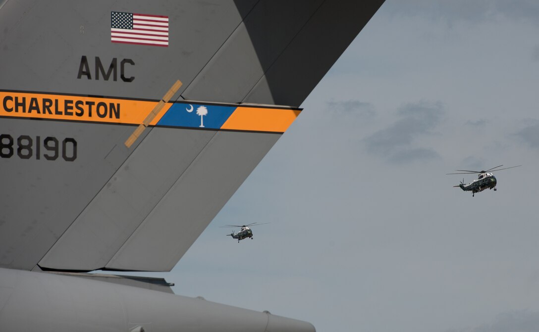 Marine One carrying President Barack Obama arrives at Joint Base Andrews, Md. to attend the Sept. 14, 2012, ceremony for the dignified transfer of remains for the four U.S. State Department members killed in Libya. The U.S. State Department held a ceremony on base to honor the Americans who gave their lives in service to their country. (U.S. Air Force photo/Senior Airman Perry Aston)