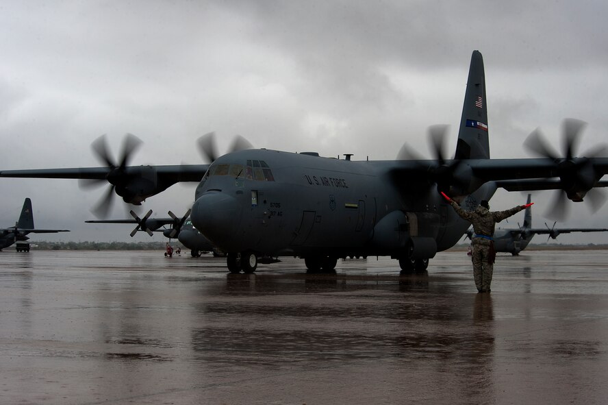 The newest C-130J Super Hercules taxies down the flightline Sept. 13, 2012, at Dyess Air Force Base, Texas. The aircraft was delivered by U.S. Air Force Brig. Gen. Lee Levy, Headquarters Air Mobility Command director of logistics. This is the 23rd C-130J of 28 to be delivered to Dyess by 2013, replacing the current legacy fleet of C-130H models. Once the final aircraft is delivered, Dyess will be home to the largest C-130J fleet in the world. (U.S. Air Force photo by Airman 1st Class Damon Kasberg/ Released)