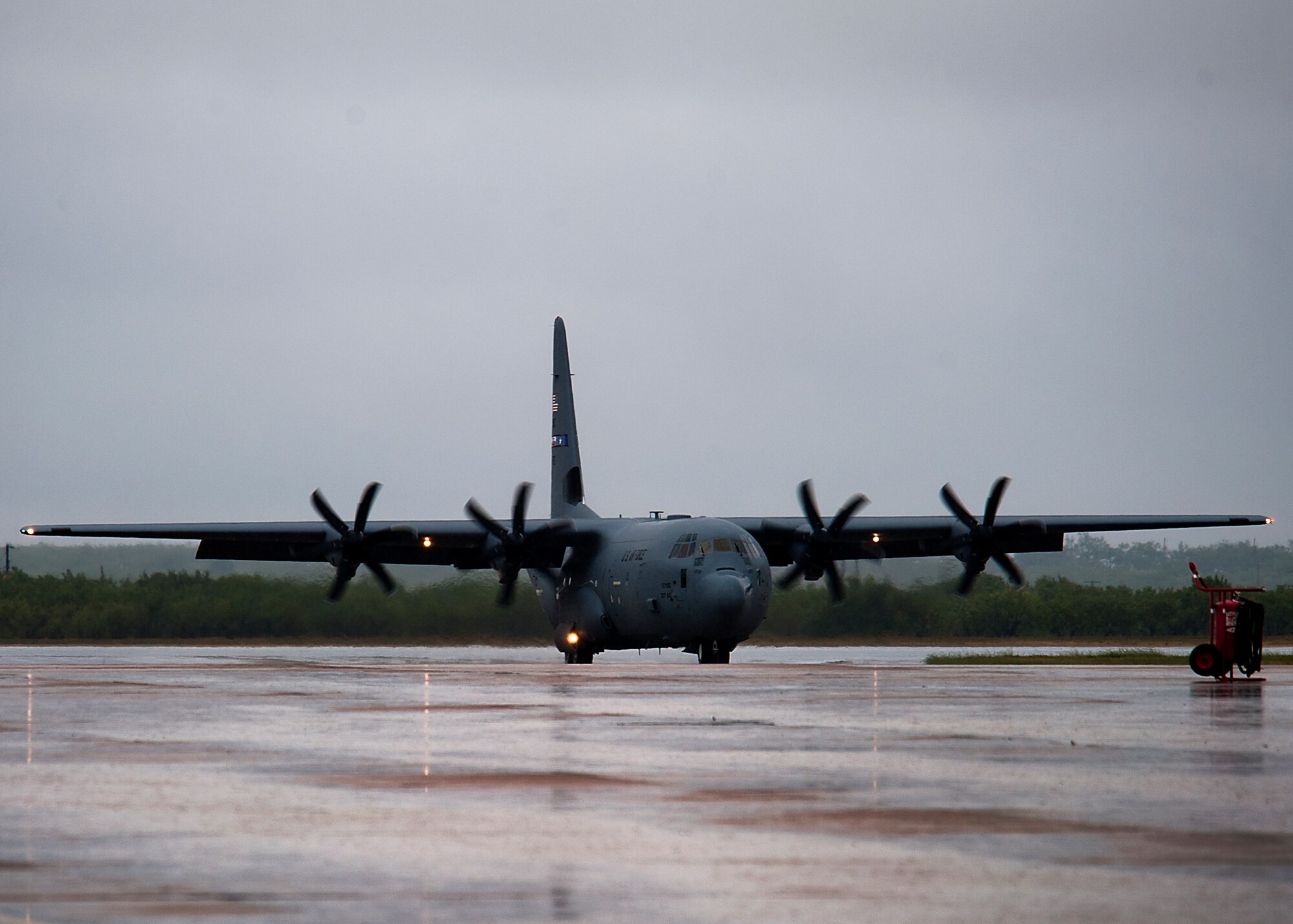 The newest C-130J Super Hercules taxies down the flightline Sept. 13, 2012, at Dyess Air Force Base, Texas. The aircraft was delivered by U.S. Air Force Brig. Gen. Lee Levy, Headquarters Air Mobility Command director of logistics. This is the 23rd C-130J of 28 to be delivered to Dyess by 2013, replacing the current legacy fleet of C-130H models. Once the final aircraft is delivered, Dyess will be home to the largest C-130J fleet in the world. (U.S. Air Force photo by Airman 1st Class Damon Kasberg/ Released)