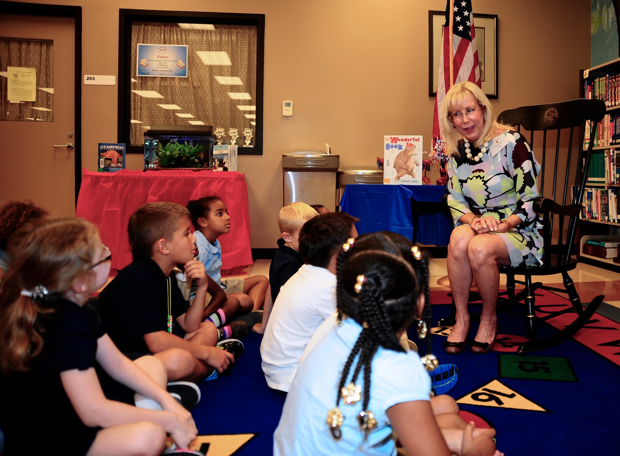 Florida's first lady Ann Scott talks to a group of second-graders at Tinker Elementary School during her visit to MacDill Air Force Base, Fla.,  Sept. 12, 2012. (U.S. Air Force photo by Airman 1 Class Melanie Bulow-Kelly/Released)