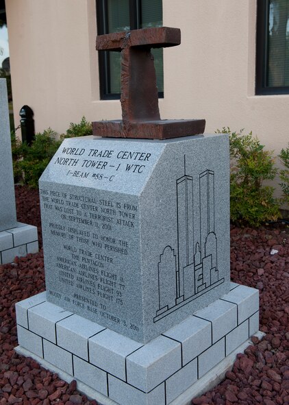 A section of the World Trade Center North Tower 1 I-beam rests in its final home in front of the Moody Fire Department, Sept. 11, 2012, at Moody Air Force Base, Ga. The 111-pound section of the World Trade Center North Tower 1 I-beam was presented to the base Oct. 3, 2011. (U.S. Air Force photo by Senior Airman Eileen Meier/Released)