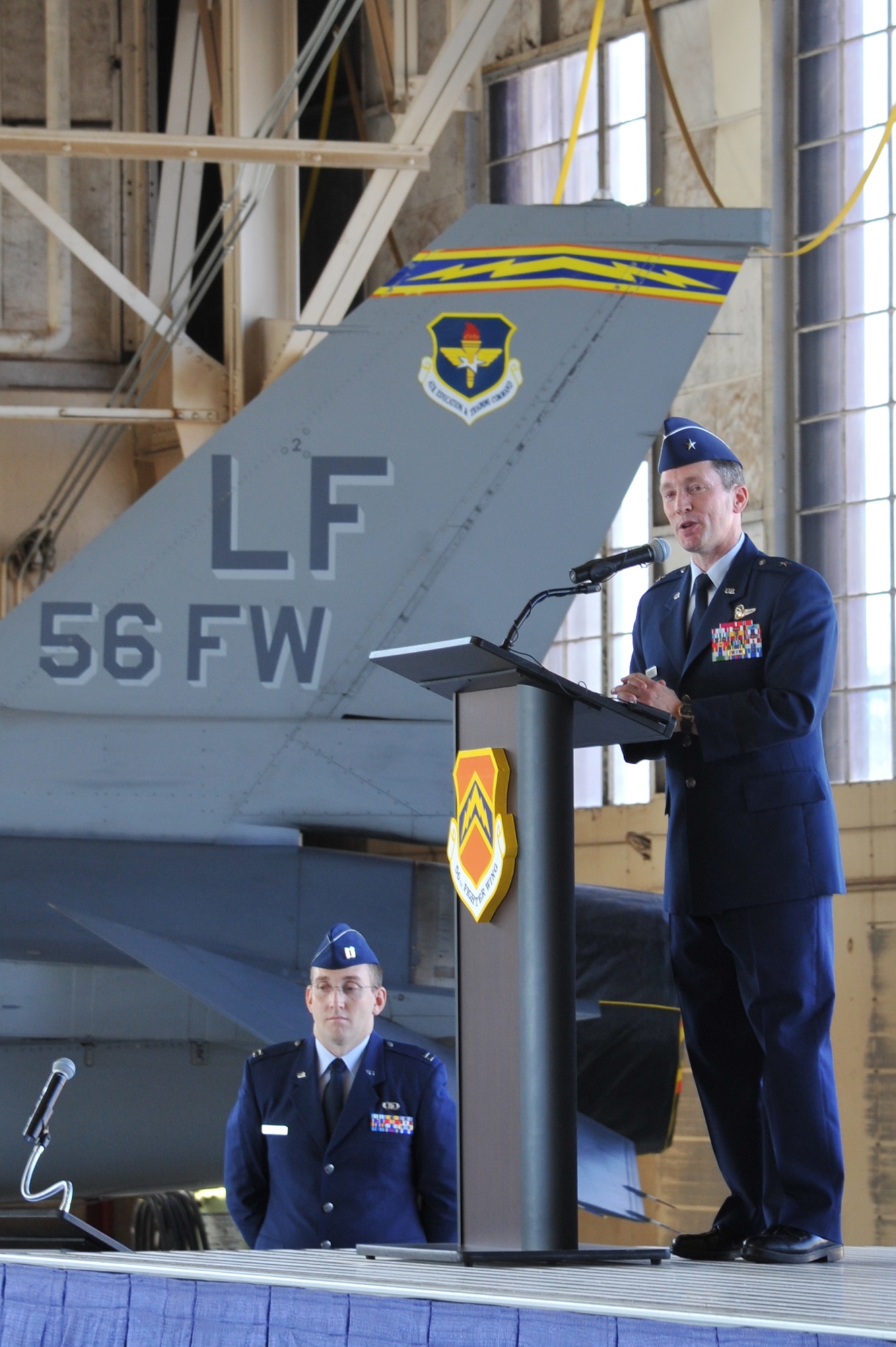 Brig. Gen. Michael Rothstein addresses the audience after assuming command of the 56th Fighter Wing Wednesday during the Wing change-of-command ceremony at Luke Air Force Base. (U.S. Air Force photo by Senior Airman Sandra Welch)