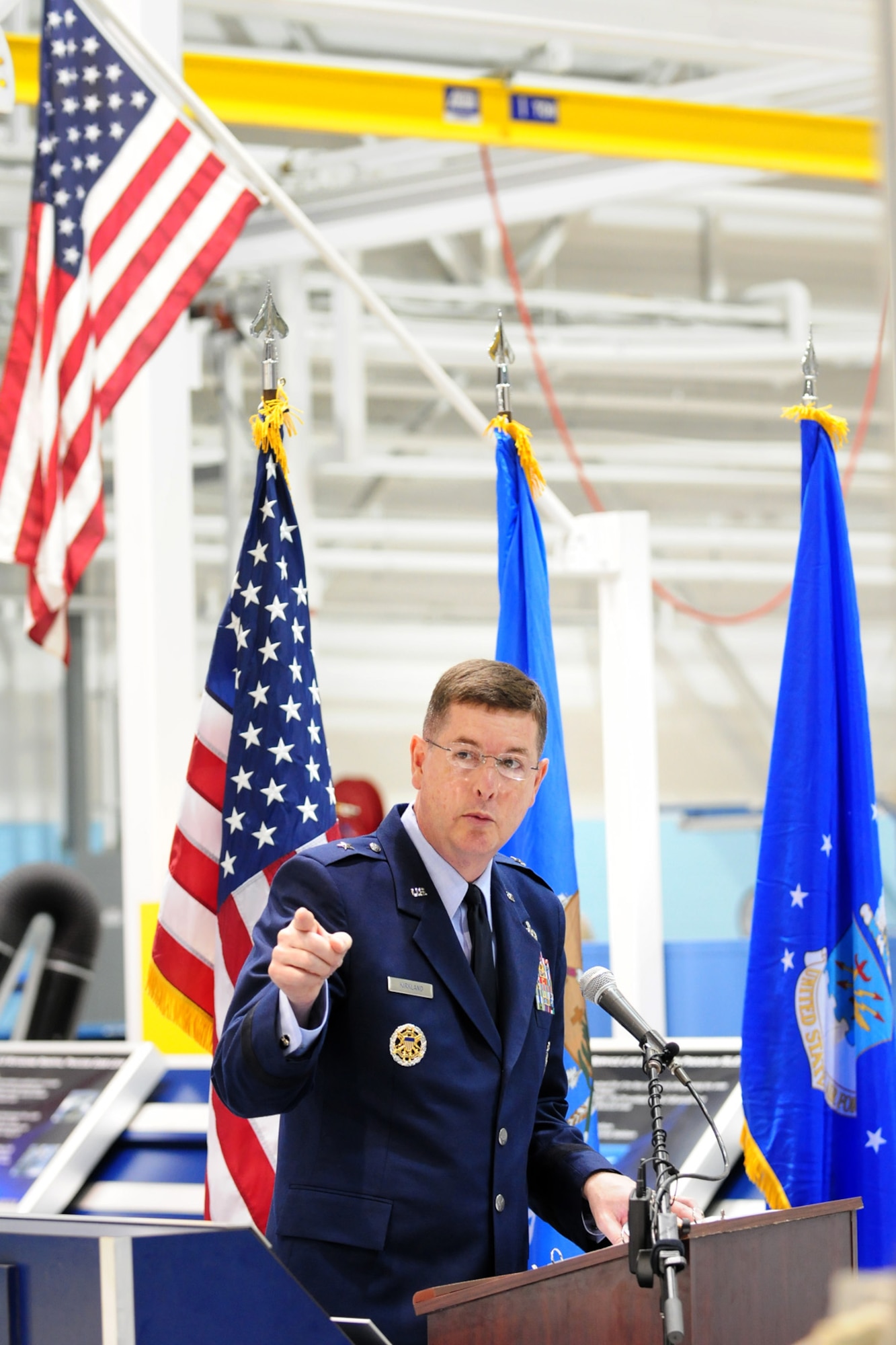 Brig. Gen. Donald Kirkland, the new Oklahoma City Air Logistics Complex commander, speaks to the Tinker workforce after assuming command of the complex in a Sept. 7 ceremony. (Air Force photo by Kelly White)