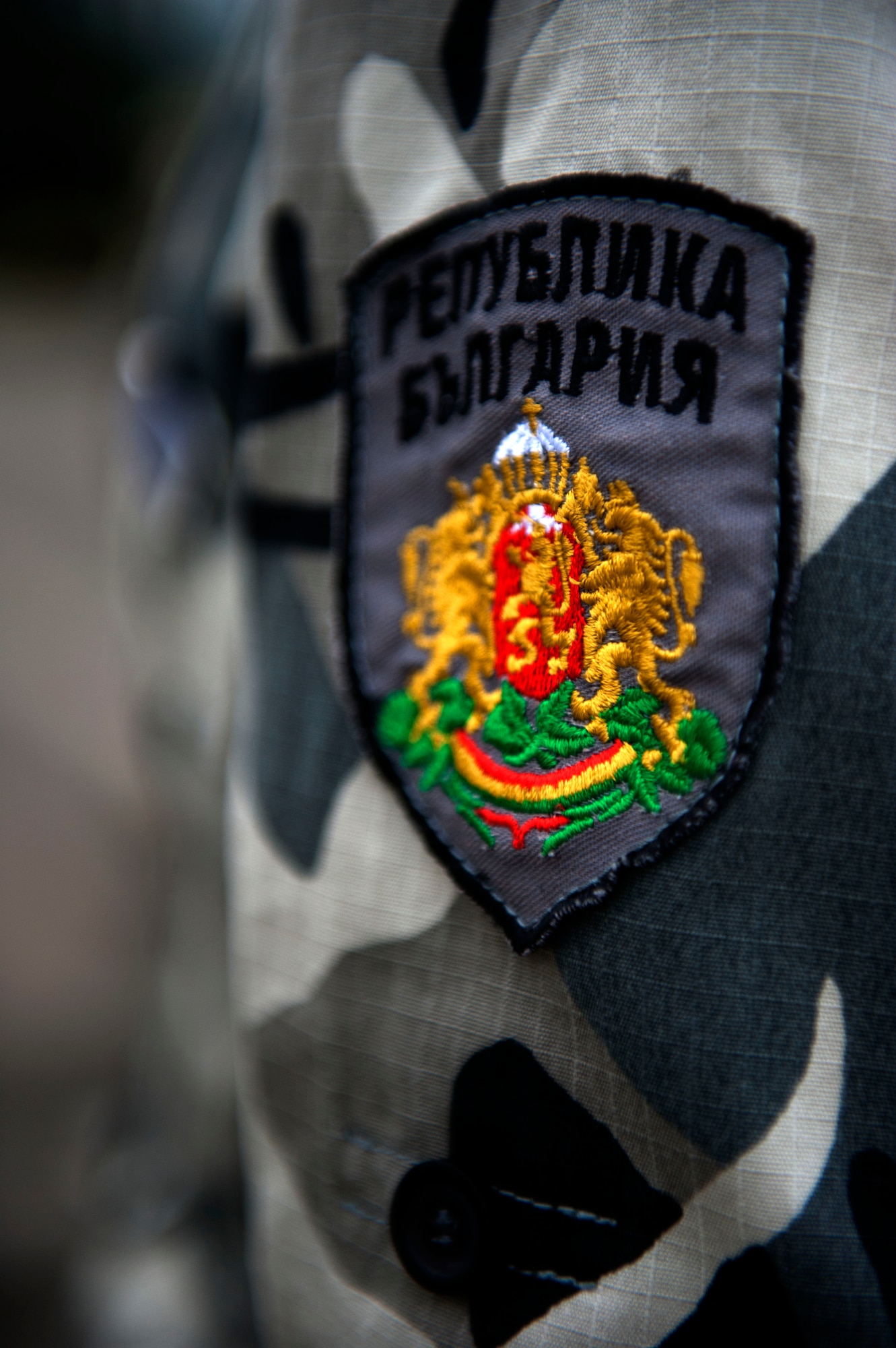 SPANGDAHLEM AIR BASE, Germany – A patch rests on the sleeve of Bulgarian air force Maj. Iliyan Antonov during a Bulgarian air force visit Sept. 12 here.  The tour serves as a way for the United States and Bulgaria to learn and exchange ideas about each other’s air force to ensure air dominance in any contingency operation. (U.S. Air Force photo by Airman 1st Class Gustavo Castillo/Released)