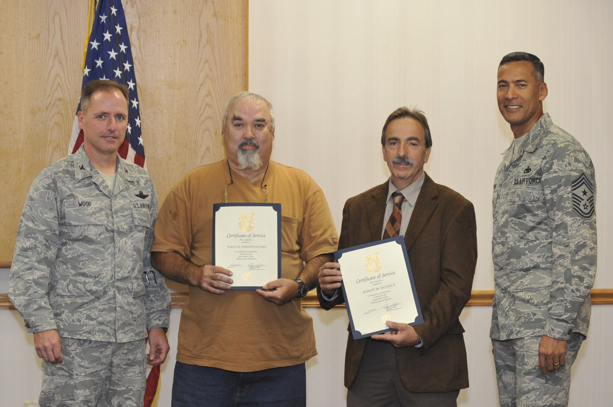 Joseph Busacca began his 40-year career as an enlisted Air Force member in 1972. He entered civil service in 1976 after four years of military service and worked as an entry-level mailroom clerk with the Veteran Administration in North Port, N.Y. He transferred to the Army Corps of Engineers in 1978 where he worked as a pipefitter. He relocated to New Jersey in 1981 where he began his career as a plumber with the 438th Civil Engineer Squadron Housing Maintenance Flight. He transitioned to the heating career field and worked as a pipefitter until 1993. His position was converted to a boiler plant operator so he relocated to the 305th CES Central Heat Plant. He has been employed as a heating, ventilation and air conditioning mechanic in the grade of WG-10 with the 87th CES since 1999. 
Harold R. MartinezNazario served as a chemical entry team member in the Army from 1965 to 1967 and then as a mortar crewman from 1974 to 1984. He began his tenure with the installation in 1985 as a monitor and operator for sports. He moved to the inmate grounds as a monitor in 2004.