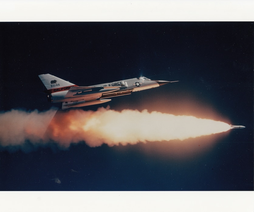 An F-106 Delta Dart of the 144th Fighter Interceptor Wing fires a Genie air-to-air missile at the William Tell aerial gunnery competition at Tyndall AFB, Florida, 1980. 