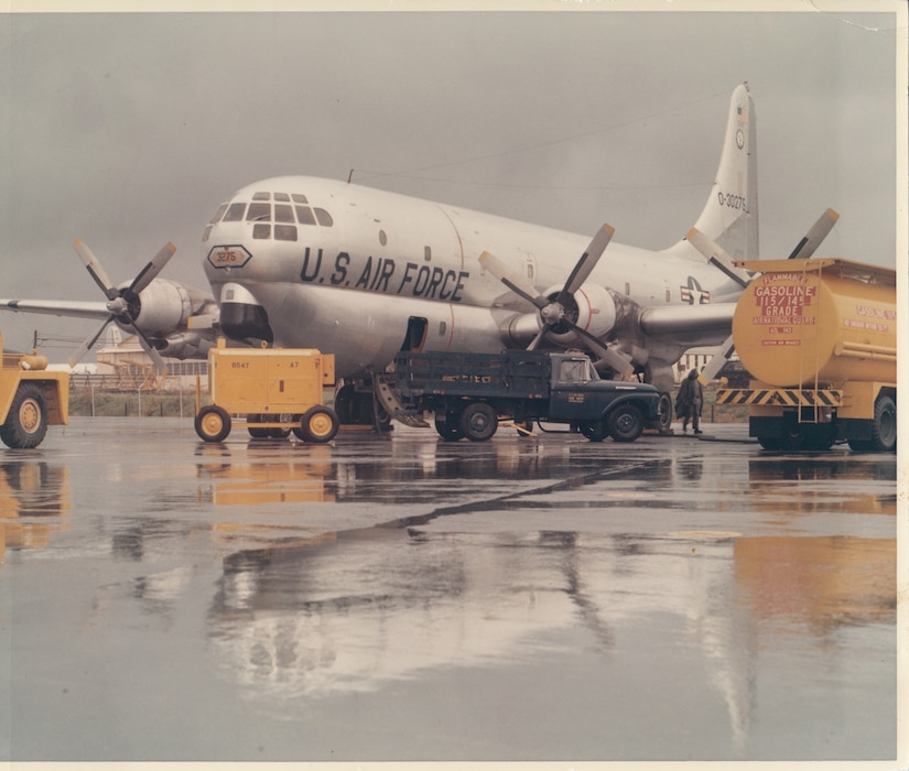 Ground crew prepares a C-97G of the 146th Air Transportation Wing (Heavy), California Air National Guard, for a flight to Southeast Asia, March 1967.