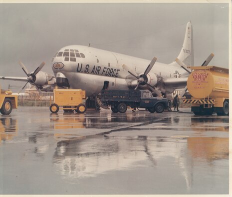 Ground crew prepares a C-97G of the 146th Air Transportation Wing (Heavy), California Air National Guard, for a flight to Southeast Asia, March 1967.