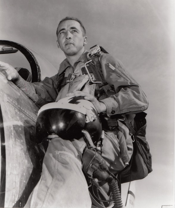 Major James Robinson (“Robbie”) Risner posed with F-86, probably Kimpo, Korea, ca. 1952. After serving as a fighter pilot in World War II, Robbie Risner joined the Oklahoma Air National Guard and was recalled to active duty in February 1951. Serving with the 336th Fighter-Interceptor Squadron, Risner shot down eight MiG-15 fighters.