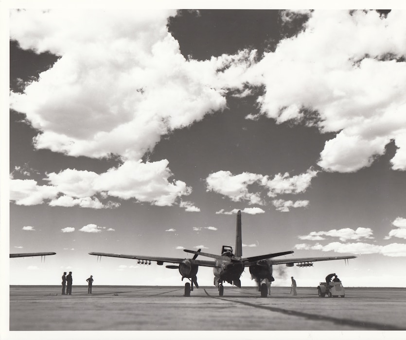 An Air National Guard Douglas B-26 Invader warms up before a simulated bombing mission at Natrona County Airport, Casper, Wyoming, August 1953.