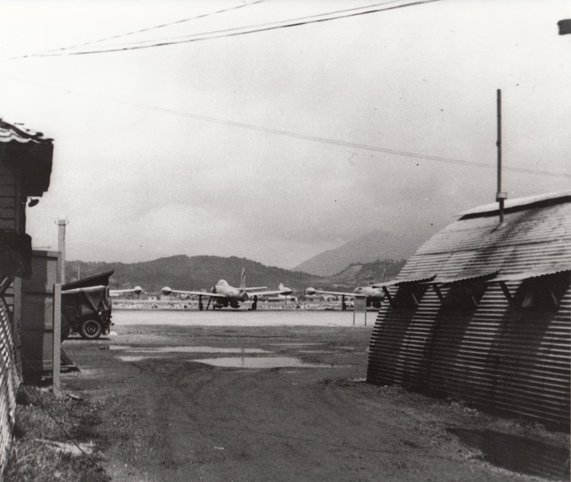 Headquarters and flight line of the 182d Fighter-Bomber Squadron, Texas Air National Guard, Korean War, undated.