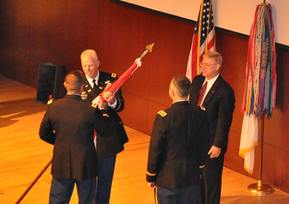 Col. Paul E. Owen, new commander of the New York District of the U.S. Army Corps of Engineers, accepts the colors from Col. Kent Savre, commander of the North Atlantic Division of the U.S. Army Corps of Engineers, during New York District's change of command ceremony Friday morning September 14, 2012 at the U.S. Custom House in lower Manhattan. The change of command ceremony formally transferred command from Col. John R. Boulé to Owen. New York District's civilian Deputy District Engineer Joe Seebode participated in the ceremony and symbolized the continuity of the District's civilian work force. (photo by Chris Gardner, New York District public affairs)