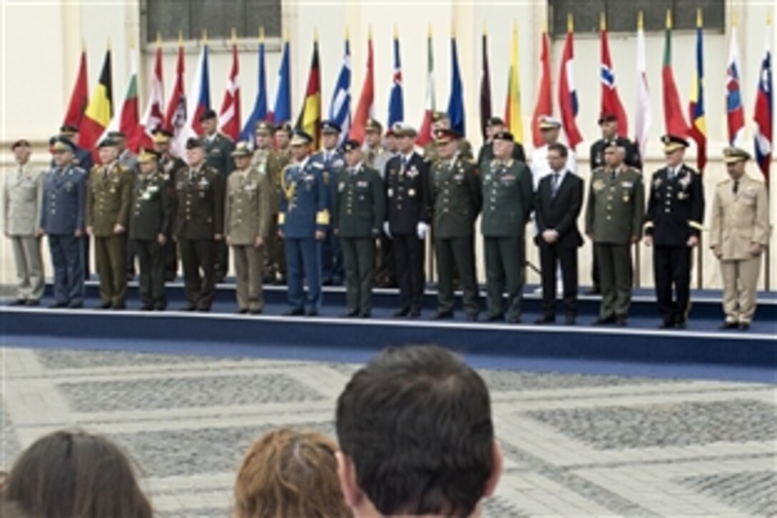 Chairmen of defense observe the opening ceremony for the NATO conference in the main square of Sibiu, Romania, Sept. 14, 2012. 
