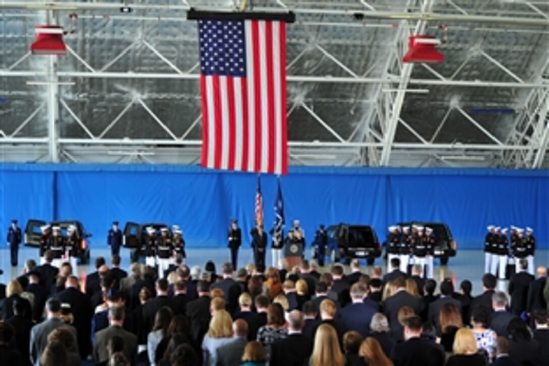 Army Chaplain Col. J. Wesley Smith delivers remarks at the dignified transfer ceremony for U.S. Ambassador to Libya J. Christopher Stevens, Foreign Service officer Sean Smith, and security officers Tyrone S. Woods and Glen A. Doherty on Joint Base Andrews, Md., Sept. 14, 2012. The four men were killed during a Sept. 11, 2012, attack on the U.S. Consulate in Benghazi, Libya. 