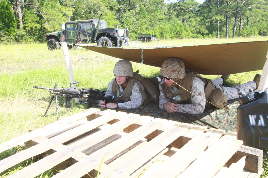Marines with Communications Company, Combat Logistics Regiment 27 provide security outside the forward operating base during a field exercise aboard Camp Lejeune, N.C., Sept. 11, 2012. This was the first time Comm. Co. held the responsibility of providing their own security. 