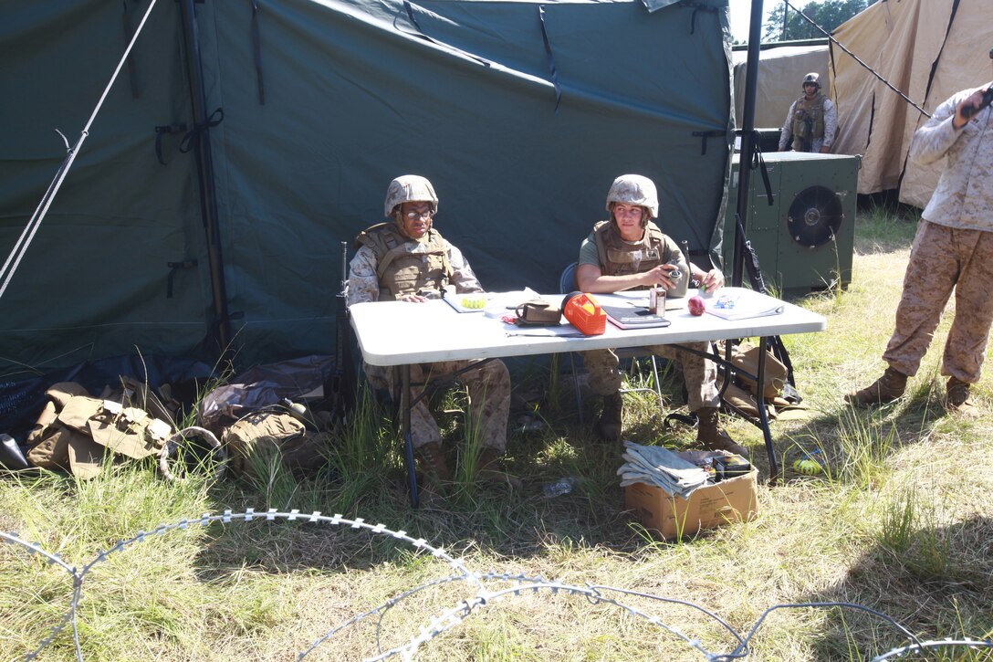 Marines with Communications Company, Combat Logistics Regiment 27, wait for personnel to enter the forward operating base during a field exercise aboard Camp Lejeune, N.C., Sept. 11, 2012. This was the first time Comm. Co. held the responsibility of providing security.  In the past, other units supported them with security. 