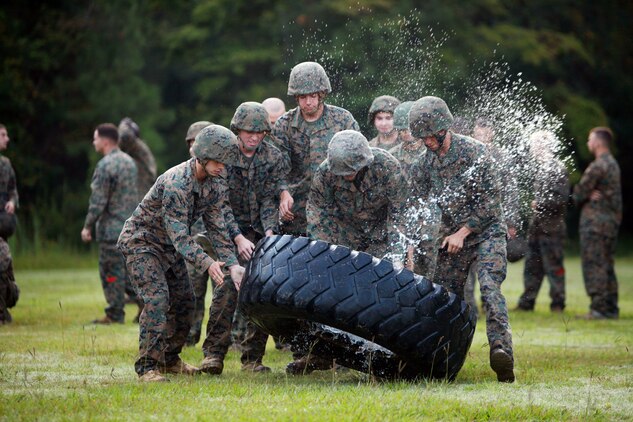 Service members with Landing Support Company, Combat Logistics Regiment 27, 2nd Marine Logistics Group, flip a tire during the endurance course at Battle Skills Training School aboard Camp Lejeune, N.C., Sept. 14. The participants were forced to use teamwork to get the tire from one location to another before moving on to the next obstacle.
