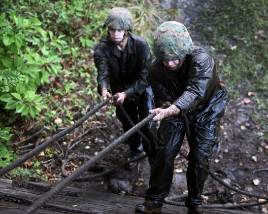 Troops with Landing Support Company, Combat Logistics Regiment 27, 2nd Marine Logistics Group use a rope to pull themselves up a tower during the endurance course at Battle Skills Training School aboard Camp Lejeune, N.C., Sept. 14, 2012. The participants had to climb the tower in order to move on to the next obstacle at the endurance course.