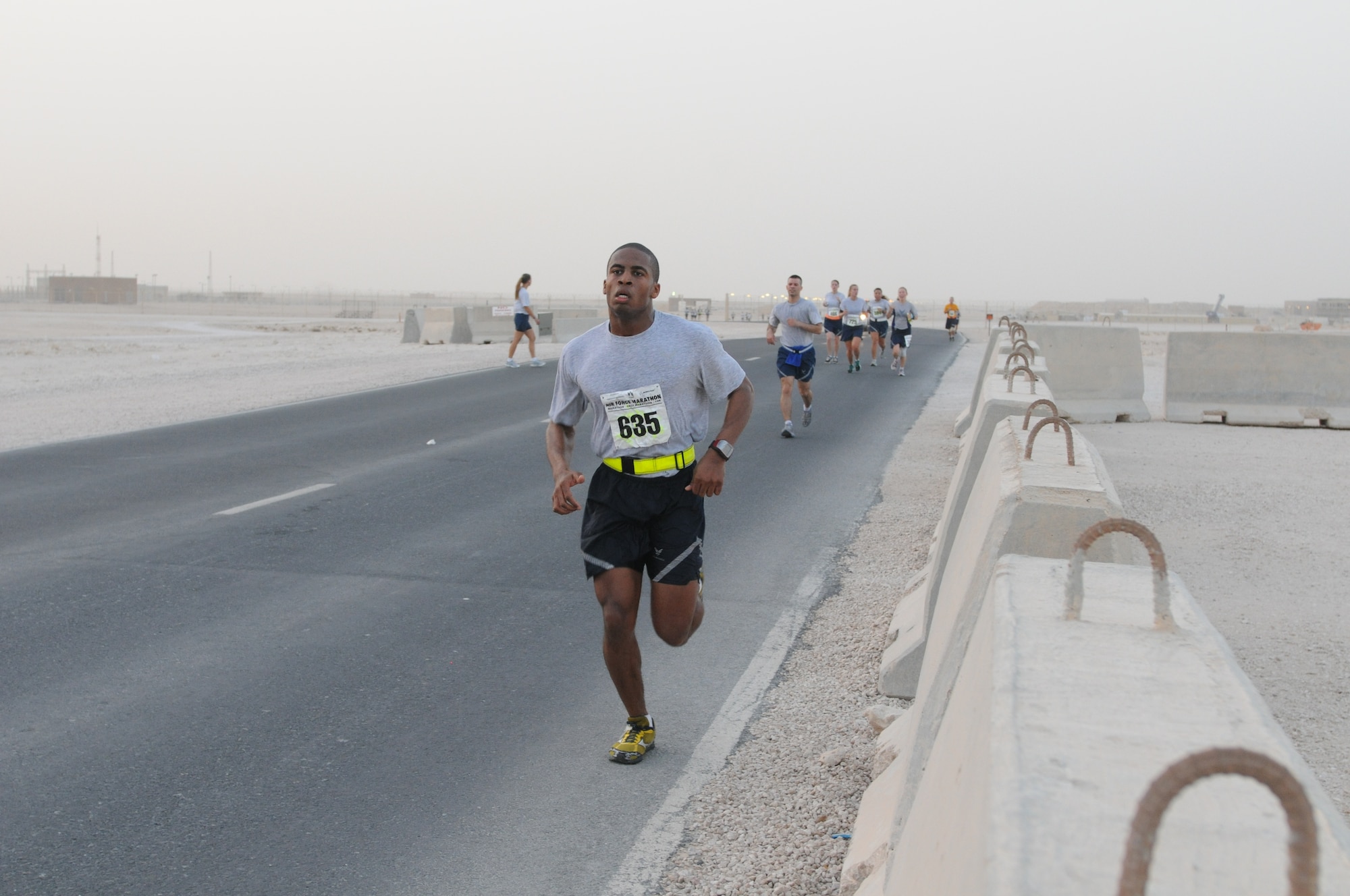 Service members from the Air Force, Army, Navy, Marines and Coalition
Partners participated in a satellite Air Force 10k and Half Marathon, held at
the 379th Air Expeditionary Wing in Southwest Asia, Sept. 15, 2012.  The
race was held to provide deployed service members an opportunity to remotely
participate in the sold out Air Force Marathon held at Wright-Patterson Air
Force Base, Ohio.  More than 500 people participated in the race held here. (U.S. Air Force photo/Captain Craig Carper)
