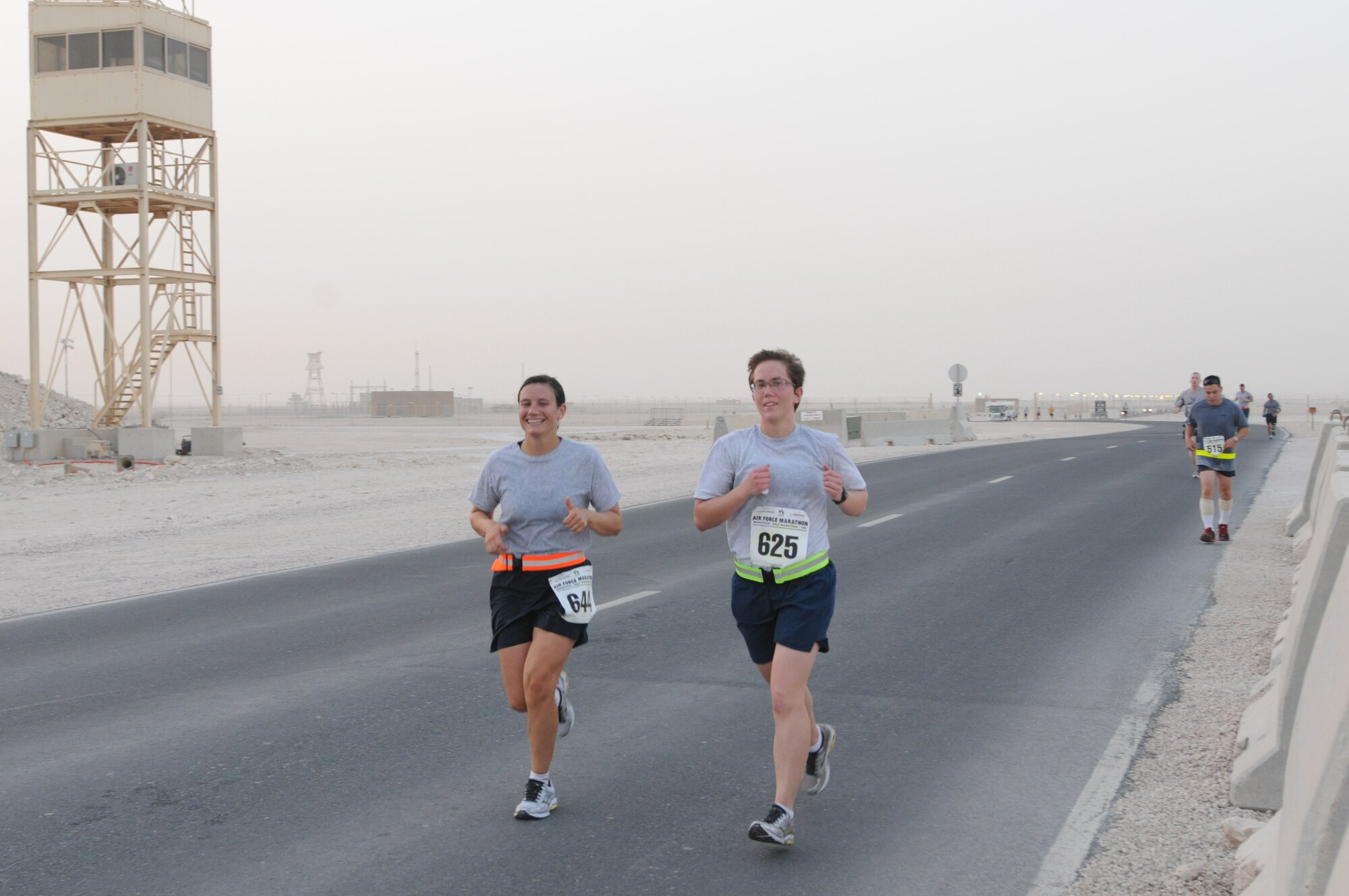 Service members from the Air Force, Army, Navy, Marines and Coalition
Partners participated in a satellite Air Force 10k and Half Marathon, held at
the 379th Air Expeditionary Wing in Southwest Asia, Sept. 15, 2012.  The
race was held to provide deployed service members an opportunity to remotely
participate in the sold out Air Force Marathon held at Wright-Patterson Air
Force Base, Ohio.  More than 500 people participated in the race held here. (U.S. Air Force photo/Captain Craig Carper)
