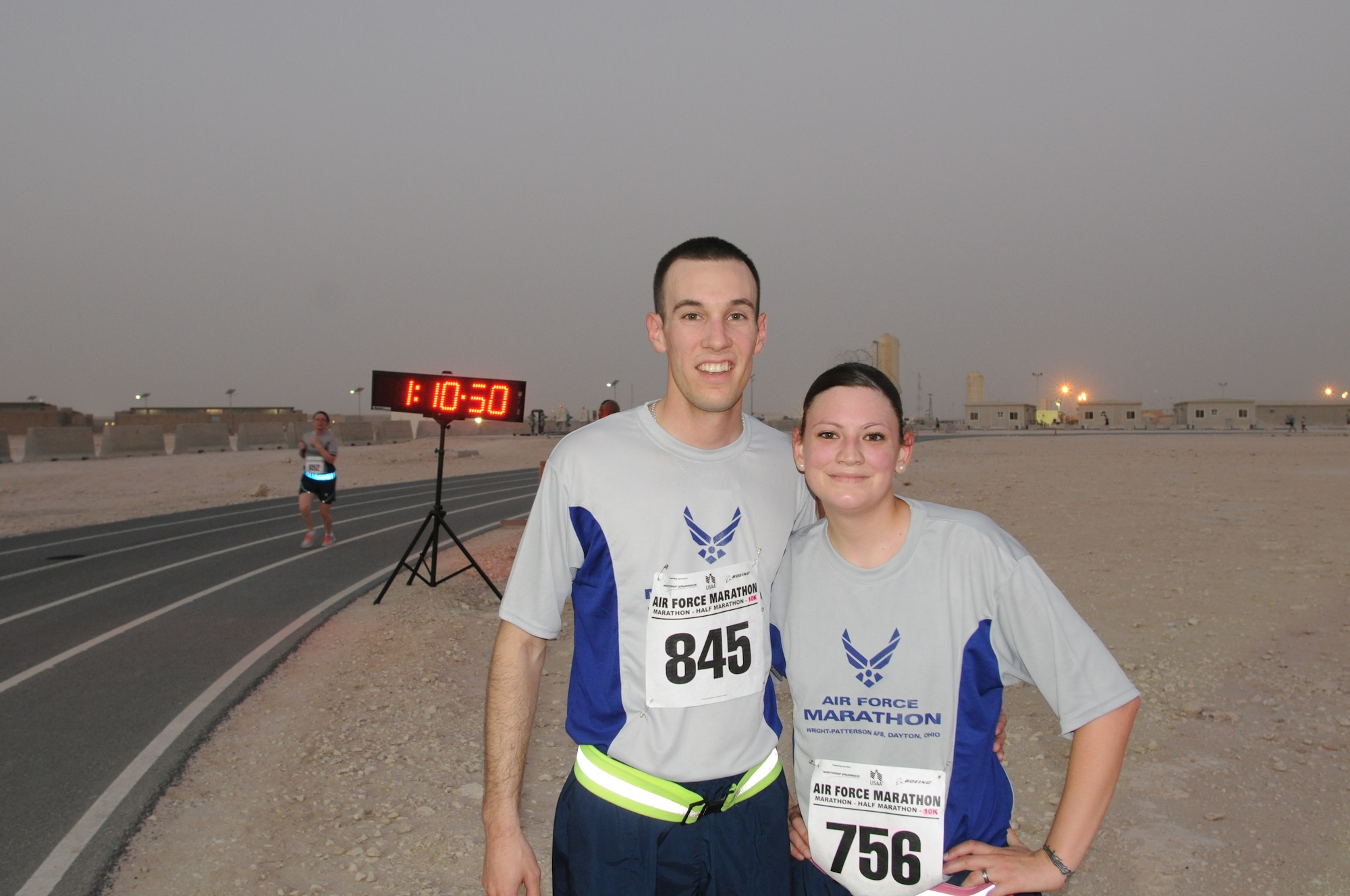 Service members from the Air Force, Army, Navy, Marines and Coalition
Partners participated in a satellite Air Force 10k and Half Marathon, held at
the 379th Air Expeditionary Wing in Southwest Asia, Sept. 15, 2012.  The
race was held to provide deployed service members an opportunity to remotely
participate in the sold out Air Force Marathon held at Wright-Patterson Air
Force Base, Ohio.  More than 500 people participated in the race held here. (U.S. Air Force photo/Captain Craig Carper)
