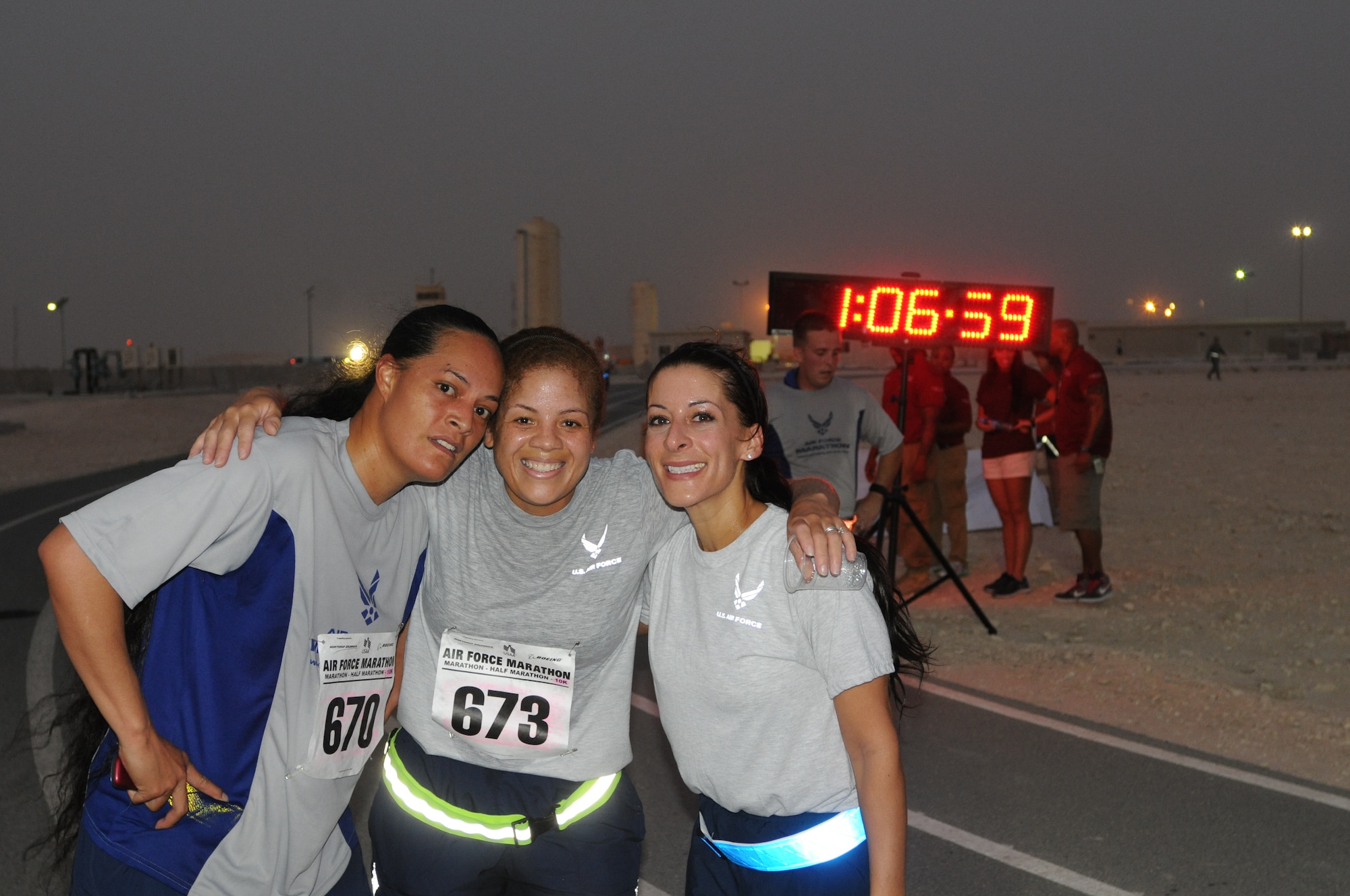Service members from the Air Force, Army, Navy, Marines and Coalition
Partners participated in a satellite Air Force 10k and Half Marathon, held at
the 379th Air Expeditionary Wing in Southwest Asia, Sept. 15, 2012.  The
race was held to provide deployed service members an opportunity to remotely
participate in the sold out Air Force Marathon held at Wright-Patterson Air
Force Base, Ohio.  More than 500 people participated in the race held here. (U.S. Air Force photo/Captain Craig Carper)
