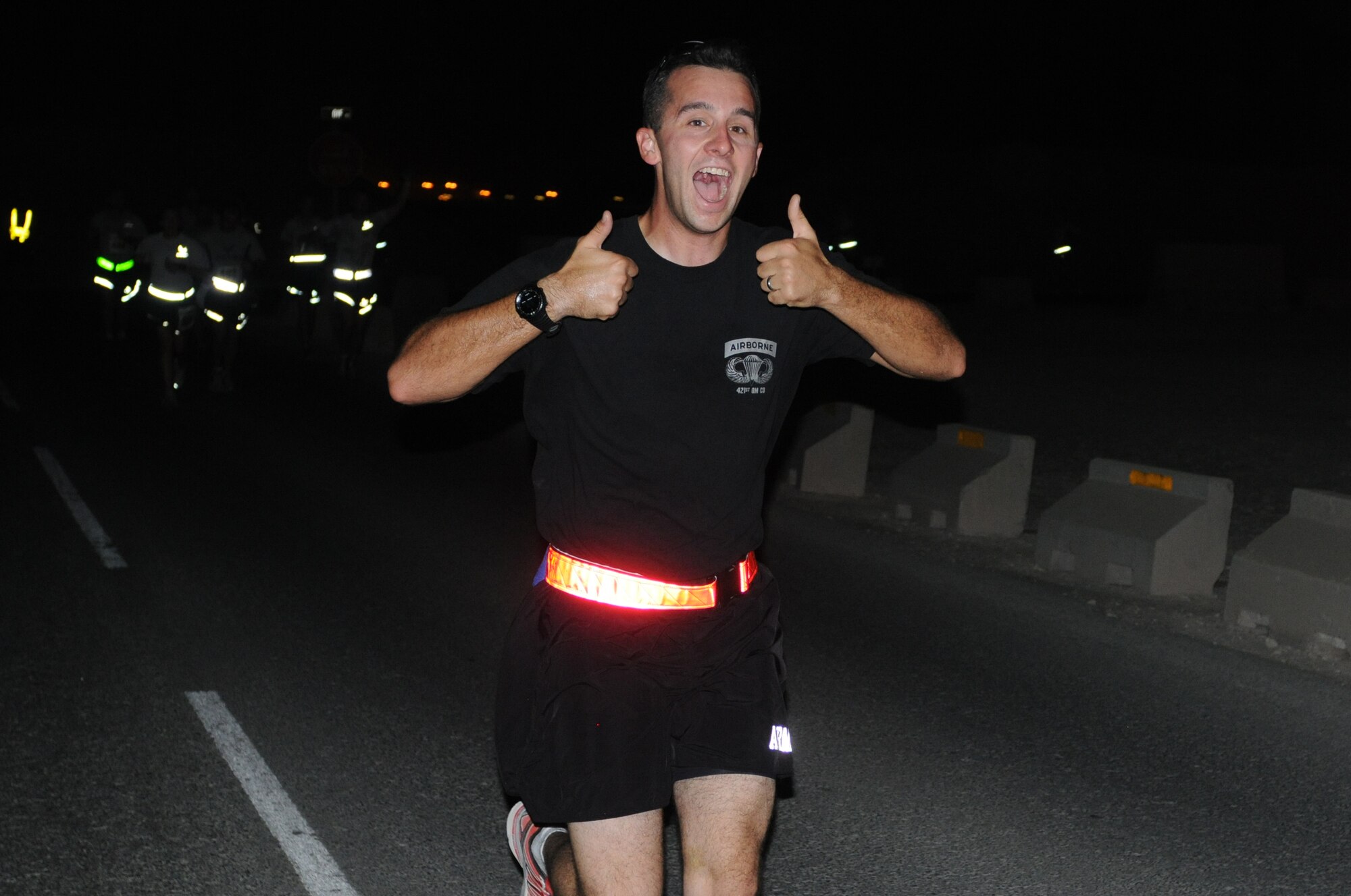 Service members from the Air Force, Army, Navy, Marines and Coalition
Partners participated in a satellite Air Force 10k and Half Marathon, held at
the 379th Air Expeditionary Wing in Southwest Asia, Sept. 15, 2012.  The
race was held to provide deployed service members an opportunity to remotely
participate in the sold out Air Force Marathon held at Wright-Patterson Air
Force Base, Ohio.  More than 500 people participated in the race held here. (U.S. Air Force photo/Captain Craig Carper)
