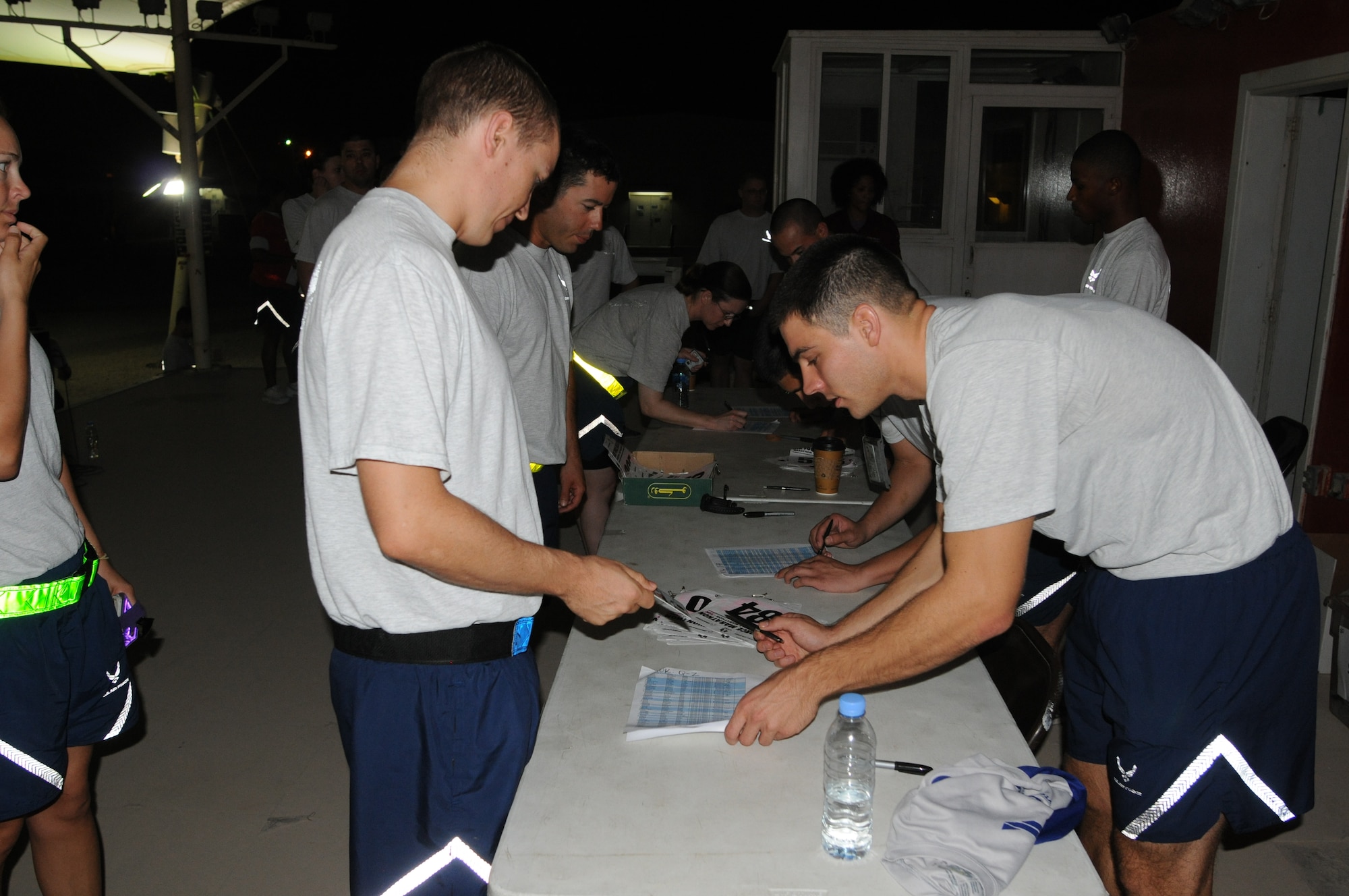 Service members from the Air Force, Army, Navy, Marines and Coalition
Partners participated in a satellite Air Force 10k and Half Marathon, held at
the 379th Air Expeditionary Wing in Southwest Asia, Sept. 15, 2012.  The
race was held to provide deployed service members an opportunity to remotely
participate in the sold out Air Force Marathon held at Wright-Patterson Air
Force Base, Ohio.  More than 500 people participated in the race held here. (U.S. Air Force photo/Captain Craig Carper)
