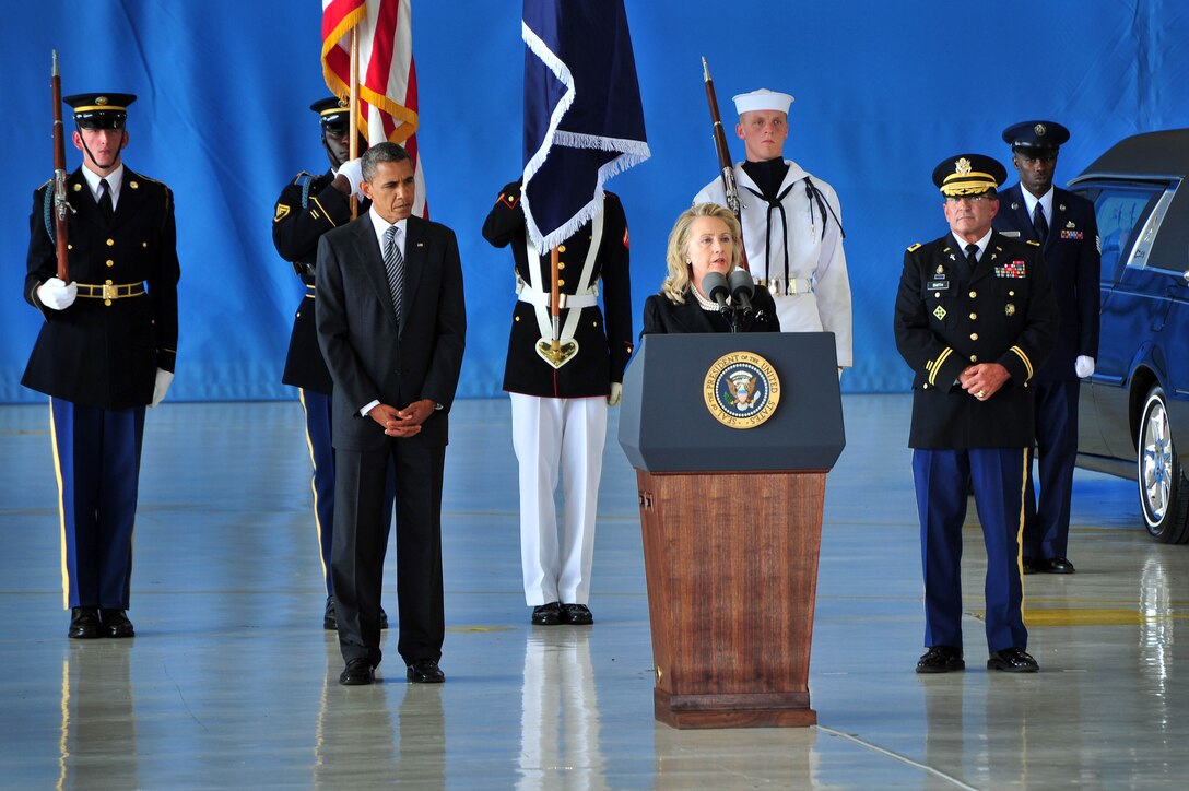 Secretary of State Hillary Rodham Clinton speaks Sept. 14 during a dignified transfer ceremony at Joint Base Andrews, Md., for those killed Sept. 11, 2012, in Benghazi, Libya. U.S. Ambassador J. Christopher Stevens and State Department members Sean P. Smith, Glen A. Doherty and Tyrone S. Woods were all honored and remembered for their service. (U.S. Air Force photo by Senior Airman Steele C. G. Britton)