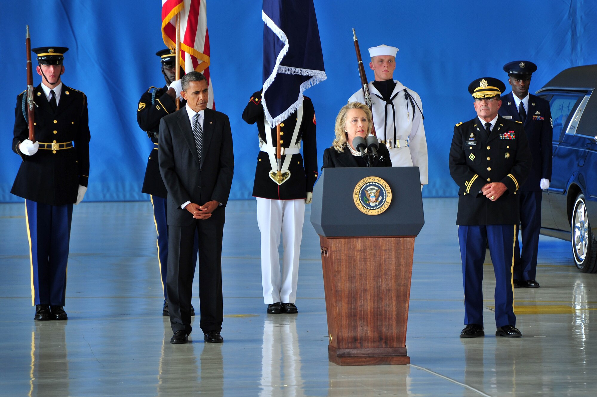 Secretary of State Hillary Rodham Clinton speaks Sept. 14 during a dignified transfer ceremony at Joint Base Andrews, Md., for those killed Sept. 11, 2012, in Benghazi, Libya. U.S. Ambassador J. Christopher Stevens and State Department members Sean P. Smith, Glen A. Doherty and Tyrone S. Woods were all honored and remembered for their service. (U.S. Air Force photo by Senior Airman Steele C. G. Britton)