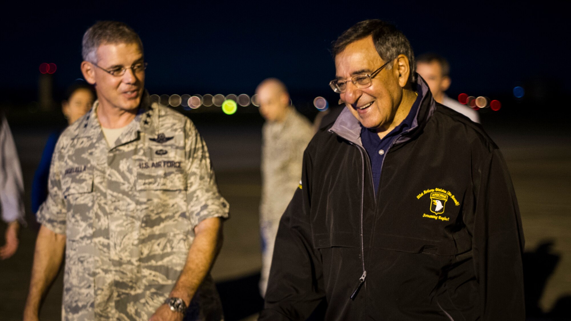 U.S. Secretary of Defense Leon E. Panetta walks with U.S. Air Force Lt. Gen. Salvatore A. Angelella, commander of U.S. Forces, Japan, and 5th Air Force, upon arriving at Yokota Air Base, Japan, Sept. 16, 2012. During his visit to Japan, Panetta will meet with defense counterparts and U.S. service members before traveling to China and New Zealand. (U.S. Air Force photo by Staff Sgt. Stacy Moless)