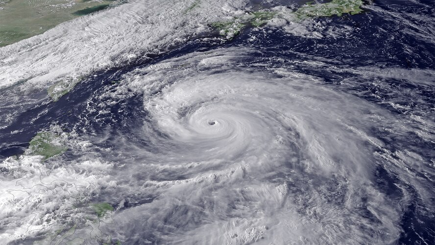 Typhoon Sanba pounded Okinawa last weekend with sustained winds greater than 60 mph as it came within 19 miles east of Kadena Air Base and dumped seven inches of rain. According to the 18th Operations Support Squadron's weather flight, the strongest winds were reported Sunday morning at 6 a.m. with maximum gusts at 123 mph making it the strongest to hit Okinawa this year. (NASA courtesy photo)