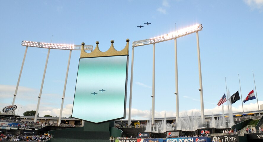 Kansas City, Mo. – A-10 Thunderbolt IIs of the 442nd Fighter Wing fly over Kauffman Stadium as part of the pregame activities at Armed Forces Day hosted by the Kansas City Royals Sept. 15. The 442nd Fighter Wing is an A-10 Thunderbolt II Air Force Reserve unit at Whiteman AFB, Mo. (U.S. Air Force photo by Tech. Sgt. Kent Kagarise/Released).