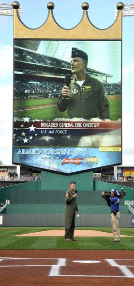 Kansas City, Mo. – Brig Gen Eric S. Overturf, 442nd Fighter Wing Commander, delivers a speech to the crowd at Kauffman Stadium during pregame activities at Armed Forces Day hosted by the Kansas City Royals Sept. 15. The 442nd Fighter Wing is an A-10 Thunderbolt II Air Force Reserve unit at Whiteman AFB, Mo. (U.S. Air Force photo by Tech. Sgt. Kent Kagarise/Released).