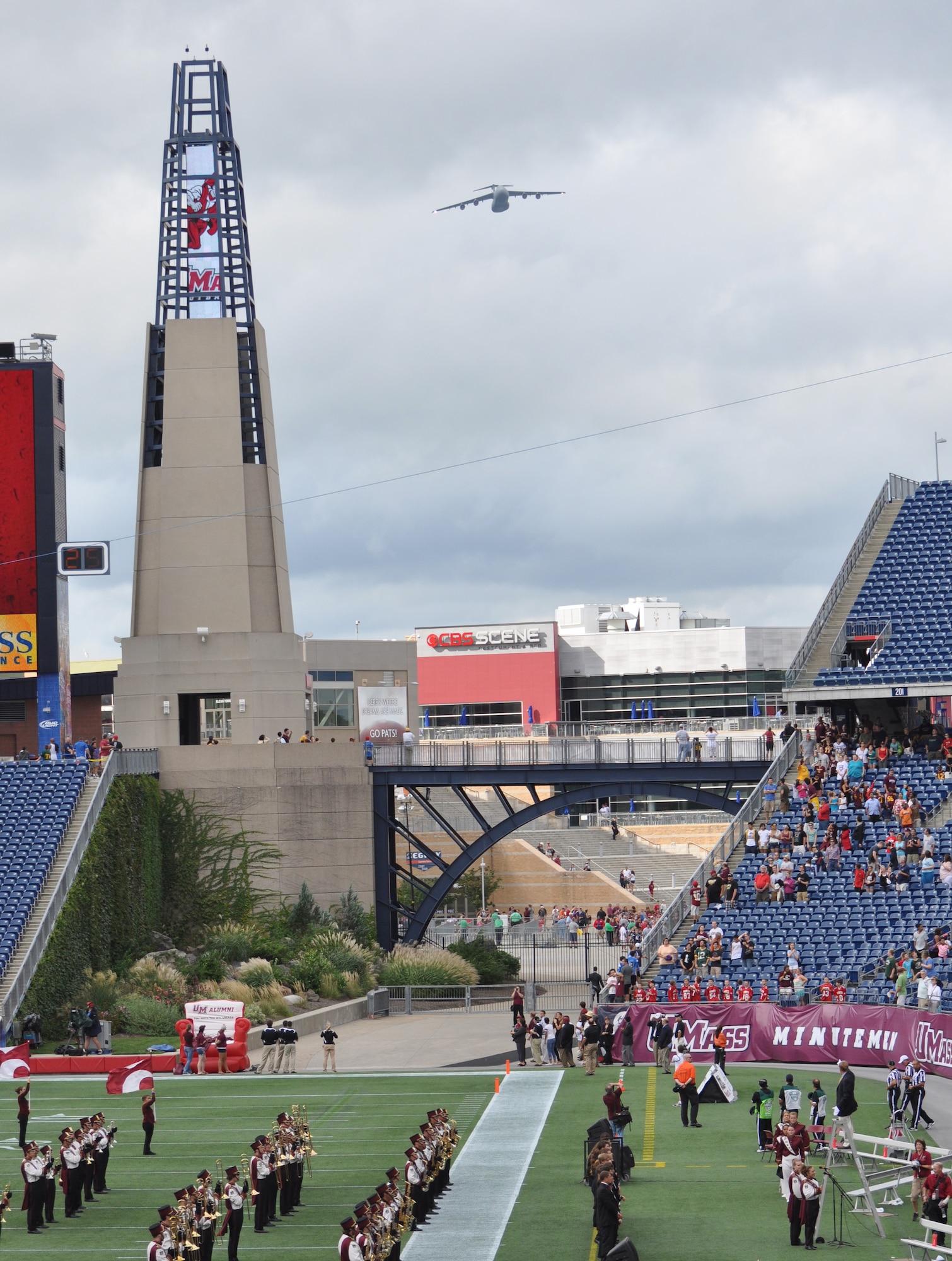 A Westover C-5 Galaxy lumbers over Gillette Stadium September 8, 2012. (U.S. Air Force photo by Lt. Col. James Bishop)