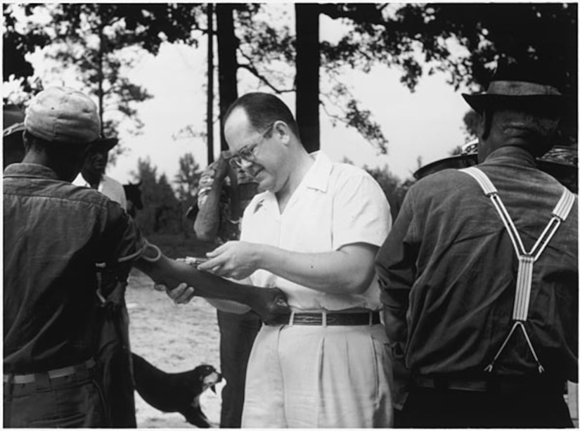 African American males are tested and treated during the Tuskegee Study of Untreated Syphilis in the Negro Male. According to the Centers for Disease Control and Prevention, the study began in 1932 as U.S. Public Health Service medical personnel conducted these tests without the benefit of patients’ informed consent. (Courtesy photo from the Centers for Disease Control and Prevention/Released)