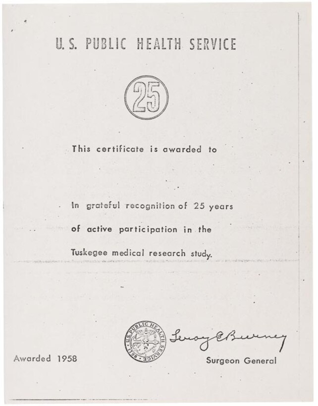 A certificate from the U.S. Public Health Service, awarded in 1958, for active participation in the Tuskegee medical research study. The study was designed to record the natural history of syphilis in the African American population. (Courtesy photo from the Centers for Disease Control and Prevention/Released)