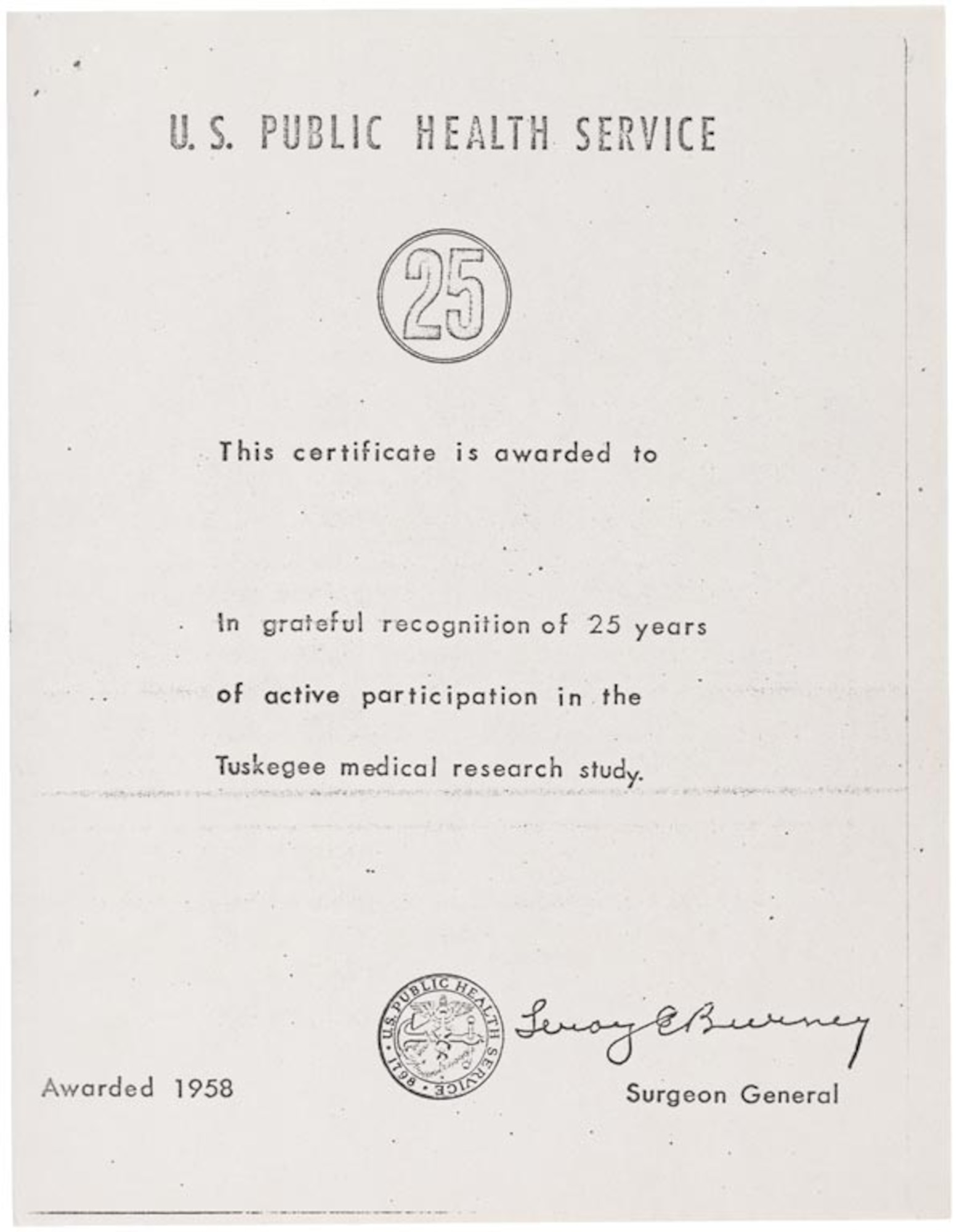 A certificate from the U.S. Public Health Service, awarded in 1958, for active participation in the Tuskegee medical research study. The study was designed to record the natural history of syphilis in the African American population. (Courtesy photo from the Centers for Disease Control and Prevention/Released)