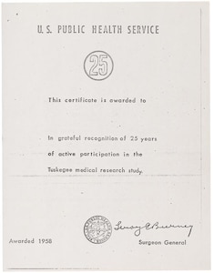 A certificate from the U.S. Public Health Service, awarded in 1958, for active participation in the Tuskegee medical research study. The study was designed to record the natural history of syphilis in the African American population. (Courtesy photo from the Centers for Disease Control and Prevention/Released)