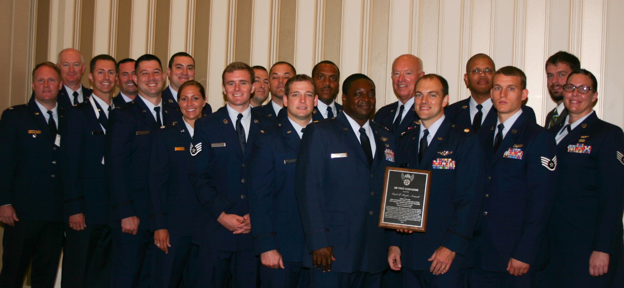 Joint STARS combat crew of the 128th Airborne Command and Control Squadron, 116th Air Control Wing, Georgia Air National Guard, received the Earl T. Ricks award for Best Air National Guard unit airmanship. Lt. Gen. Harry Wyatt, III presented the Earl T. Ricks Award for being the Best Air National Guard unit airmanship. Recognized for support of Operations Odyssey Dawn and Unified Protector, the crew led the dynamic targeting air campaign and enforced the no fly zone. They detected ground movements and correlated intelligence. (Air National Guard photo released Col. Nahaku A. McFadden)