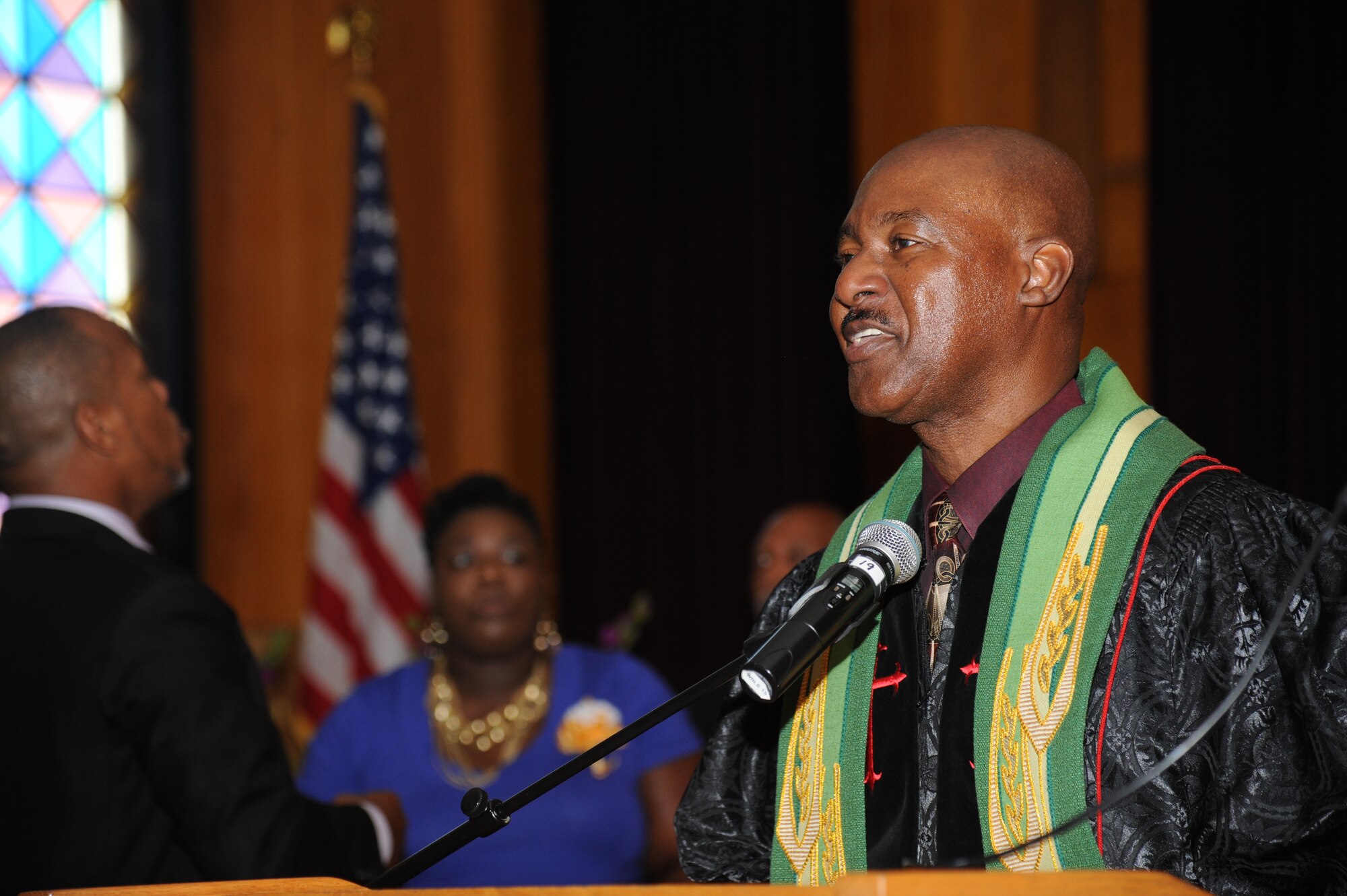 Chaplain (Col.) Wilfred Bristol, 81st Training Wing, delivers the message during the 41st Gospel Service Anniversary celebration Sept. 16, 2012, at the Triangle Chapel, Keesler Air Force Base, Miss.  (U.S. Air Force photo by Kemberly Groue)