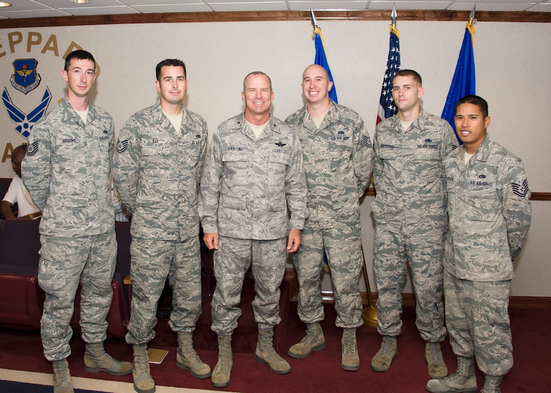 Team Sheppard rated officer selectees from board 12OT03 are: (left to right) Tech. Sgt.'s William Brooks, Drew Ray, Brig. Gen. Michael Fantini, 82nd Training Wing commander, David Heinrich, James Von Duyke and Ruben Labrador (361 TRS) on Sep. 12, 2012 at Sheppard Air Force Base, Texas. The five selectees will attend Officer Training School in late 2013 or early 2014. (U.S. Air Force photo/Danny Webb)