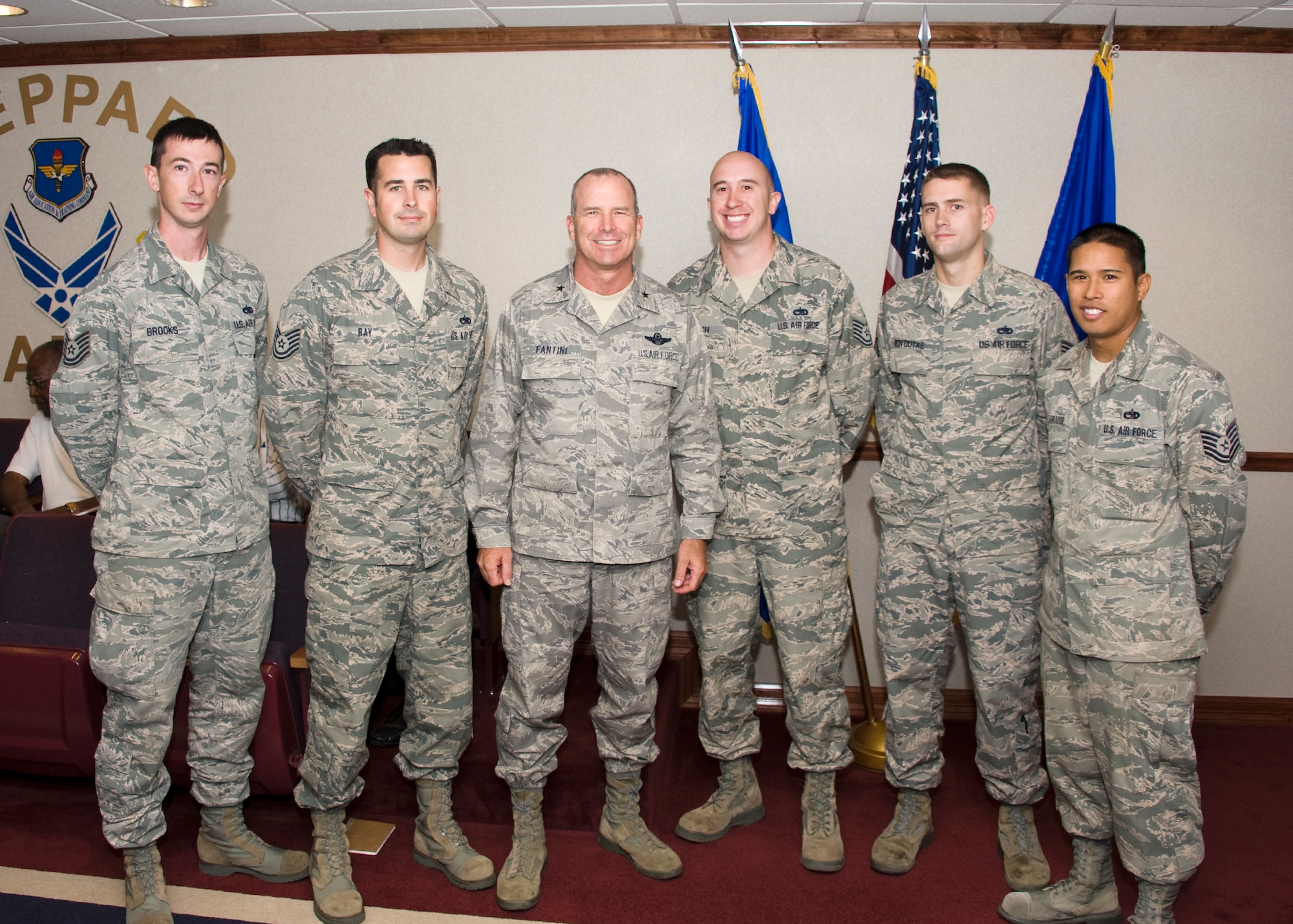 Team Sheppard rated officer selectees from board 12OT03 are: (left to right) Tech. Sgt.'s William Brooks, Drew Ray, Brig. Gen. Michael Fantini, 82nd Training Wing commander, David Heinrich, James Von Duyke and Ruben Labrador (361 TRS) on Sep. 12, 2012 at Sheppard Air Force Base, Texas. The five selectees will attend Officer Training School in late 2013 or early 2014. (U.S. Air Force photo/Danny Webb)
