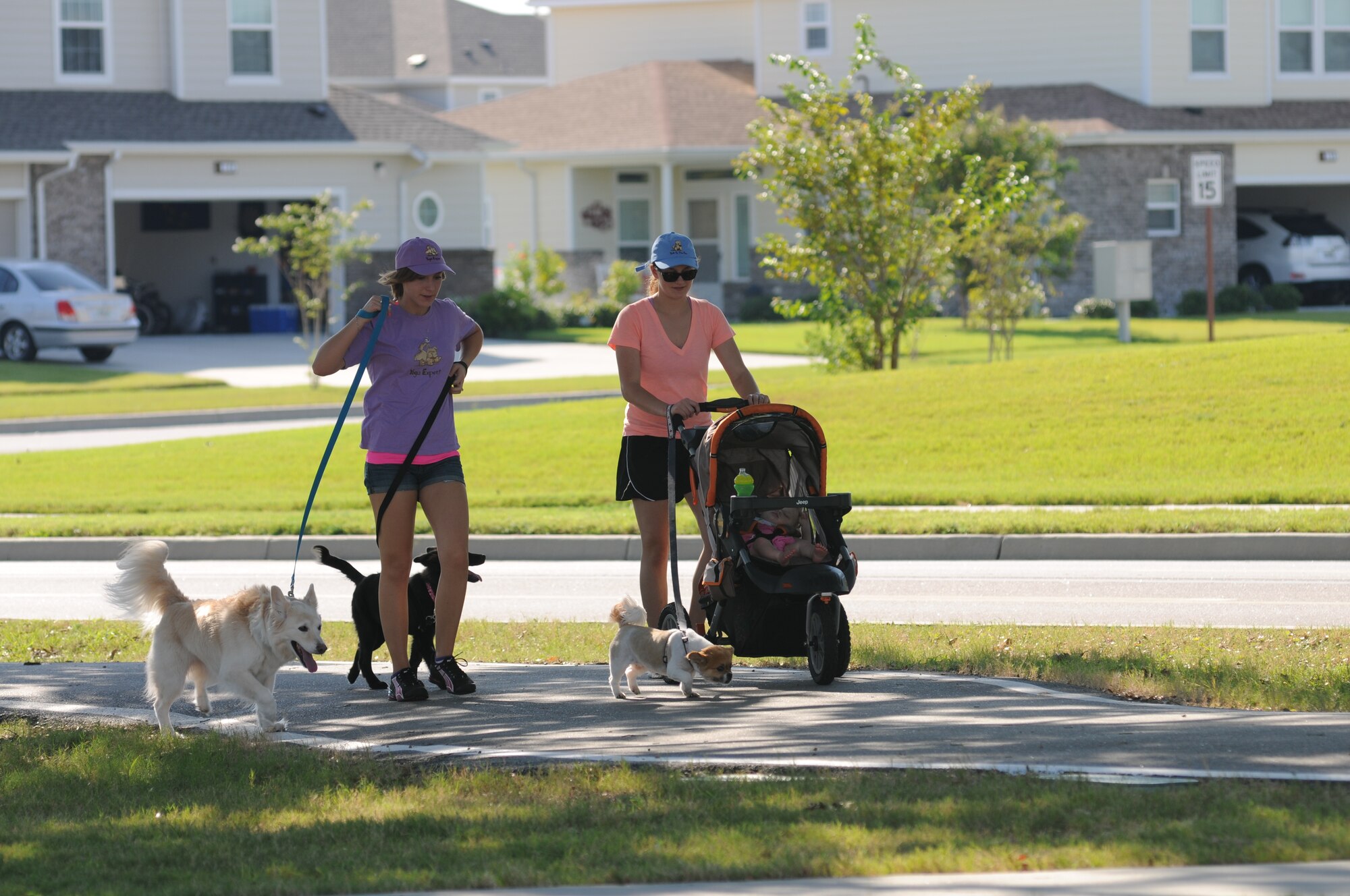 Alyssa Sanford, spouse of Senior Airman Derek Sanford, 81st Aerospace Medicine Squadron, and Senior Airman Trichia Fitchett, 81st Surgical Operations Squadron, and her daughter, Merritt Kathryn, 10 months, participate in the 5K Strut Your Mutt Fun Run event with their dogs Sept. 14, 2012, at the Bay Breeze Event Center, Keesler Air Force Base, Miss.  (U.S. Air Force photo by Kemberly Groue)