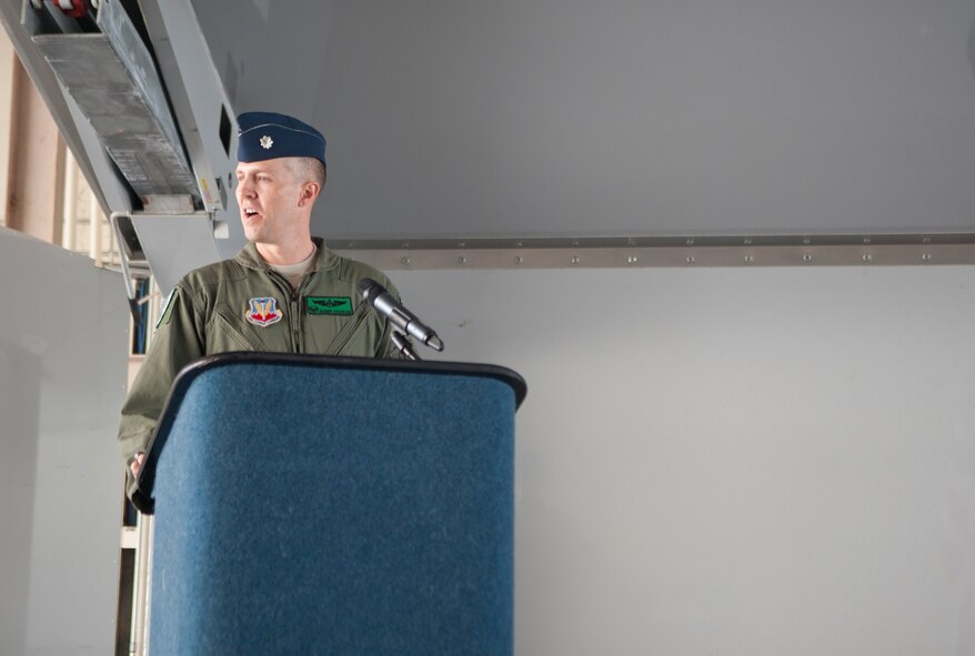 U.S. Air Force Lt. Col Shawn Cochran, incoming 41st Rescue Squadron commander, gives remarks during an assumption of command ceremony Sep. 14, 2012, at Moody Air Force Base, Ga. Cochran praised the 41st RQS for the hard work they have done and vowed that the 41st RQS will continue to lead the way and set the standard. (U.S. Air Force photo by Airman 1st Class Paul Francis/Released)
